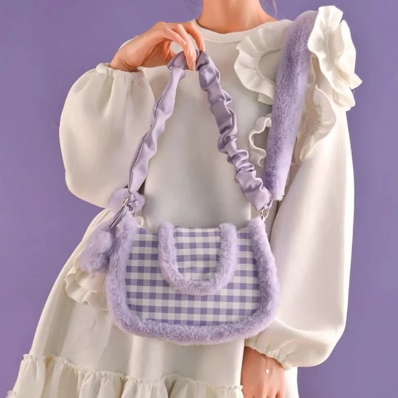 Purple Plush Plaid Handbag