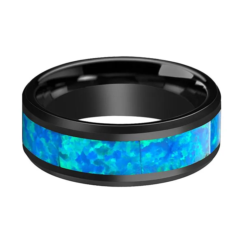 QUANTUM | Black Ceramic Ring, Blue & Green Opal Inlay, Beveled