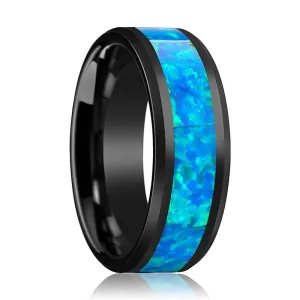 QUANTUM | Black Ceramic Ring, Blue & Green Opal Inlay, Beveled