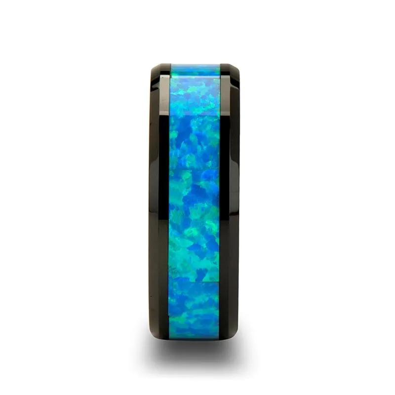 QUANTUM | Black Ceramic Ring, Blue & Green Opal Inlay, Beveled