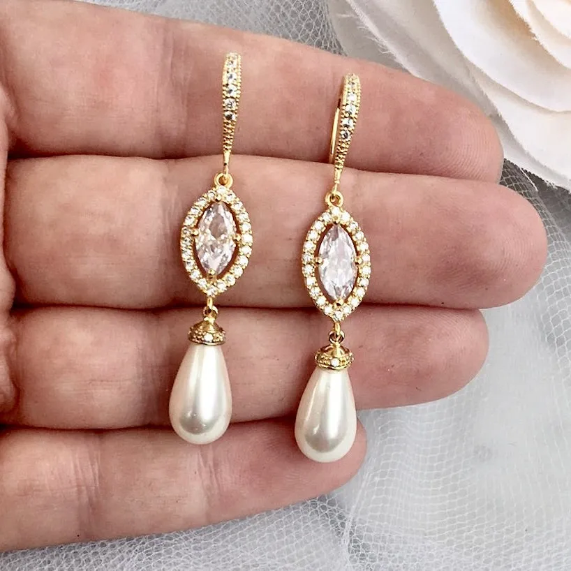 "Andiana" - Pearl and CZ Bridal Earrings - Available in Silver and Yellow Gold