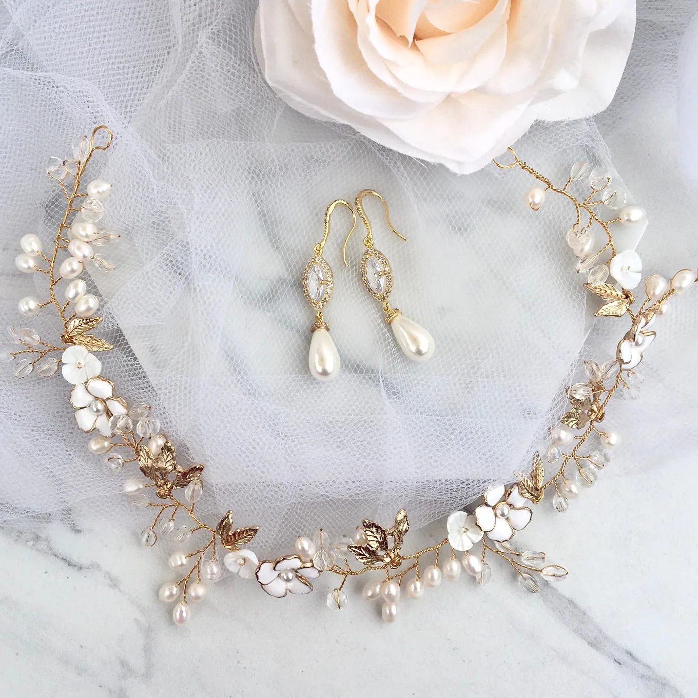 "Andiana" - Pearl and CZ Bridal Earrings - Available in Silver and Yellow Gold