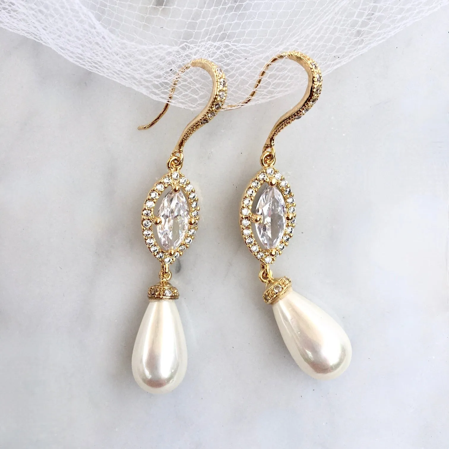 "Andiana" - Pearl and CZ Bridal Earrings - Available in Silver and Yellow Gold