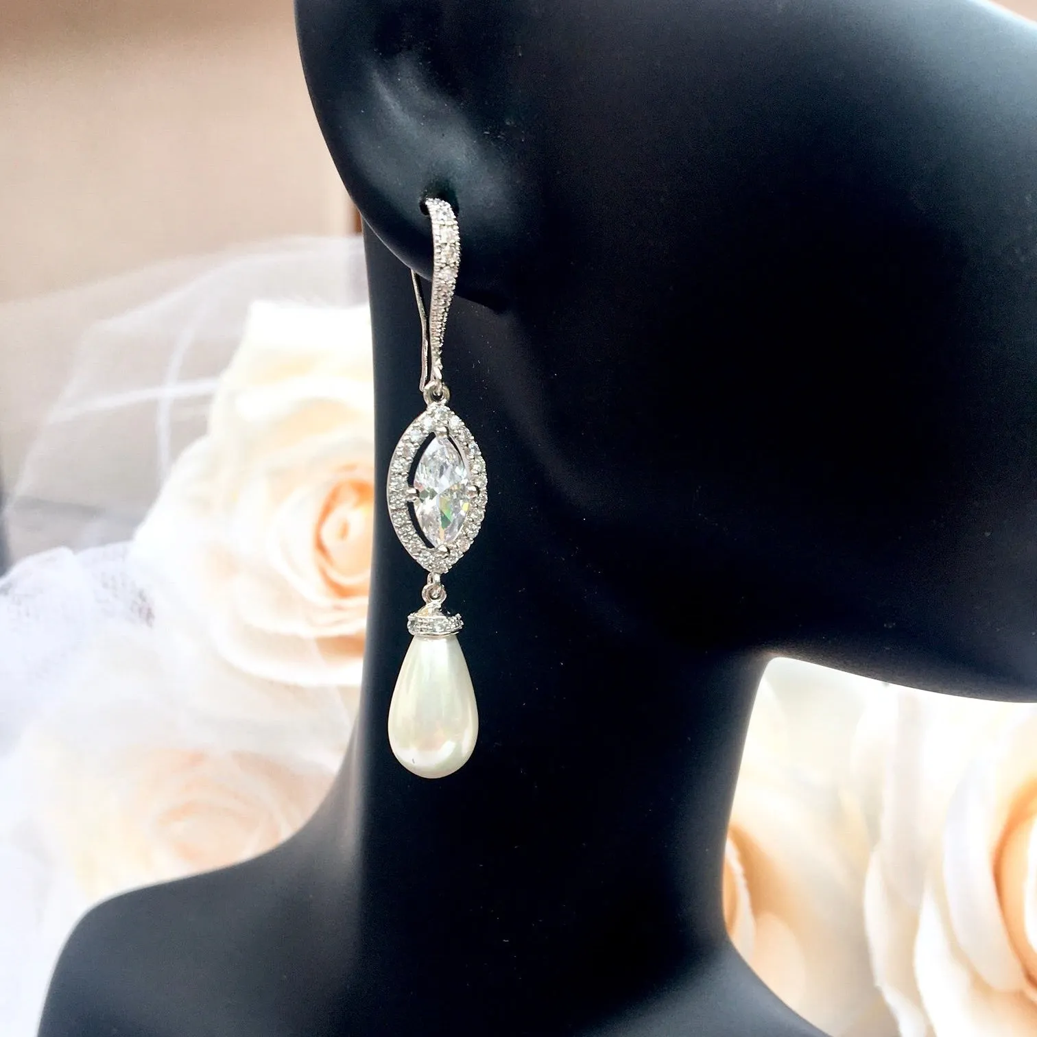 "Andiana" - Pearl and CZ Bridal Earrings - Available in Silver and Yellow Gold