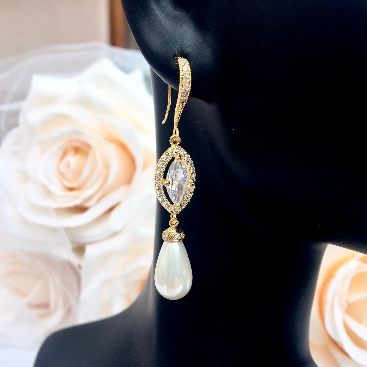 "Andiana" - Pearl and CZ Bridal Earrings - Available in Silver and Yellow Gold