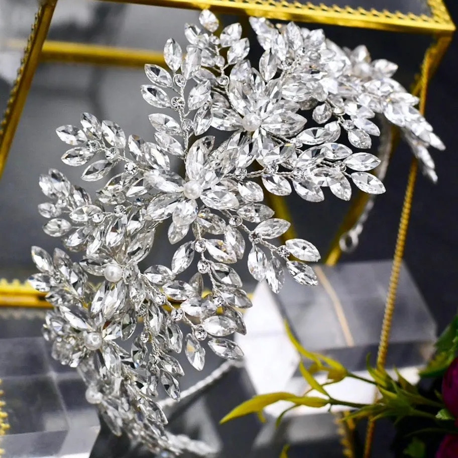 "Belladonna" - Silver Cubic Zirconia and Pearl Bridal Hair Accessory