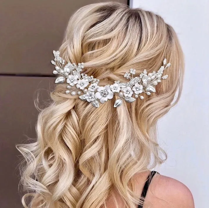 "Loire" - Ceramic Flowers Bridal Headband / Hair Vine - Available in Gold and Silver
