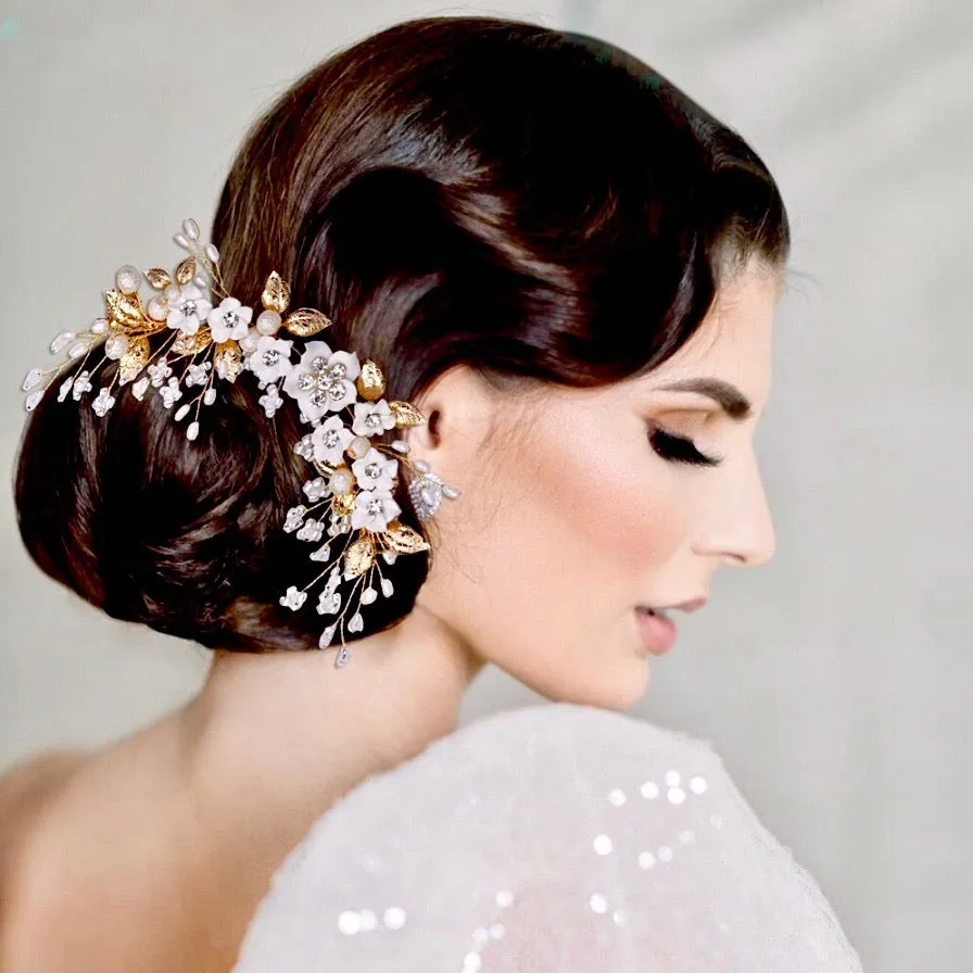 "Loire" - Ceramic Flowers Bridal Headband / Hair Vine - Available in Gold and Silver