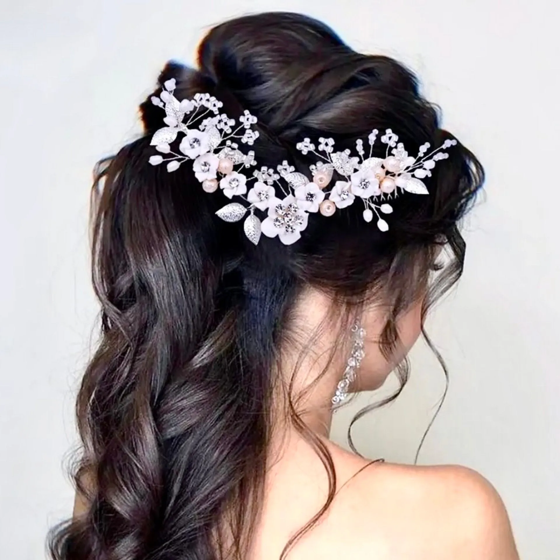 "Loire" - Ceramic Flowers Bridal Headband / Hair Vine - Available in Gold and Silver