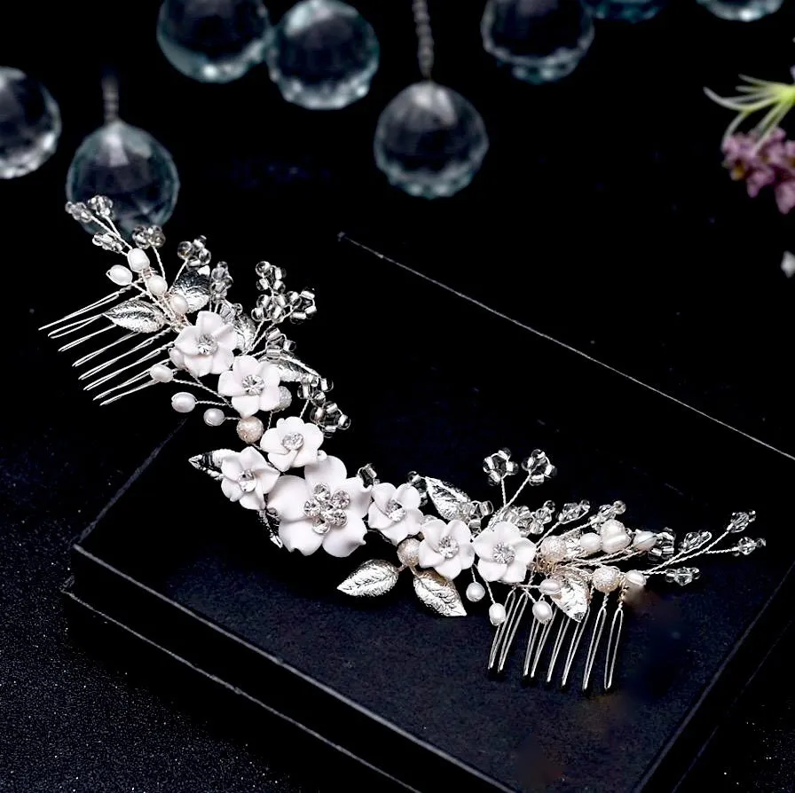 "Loire" - Ceramic Flowers Bridal Headband / Hair Vine - Available in Gold and Silver