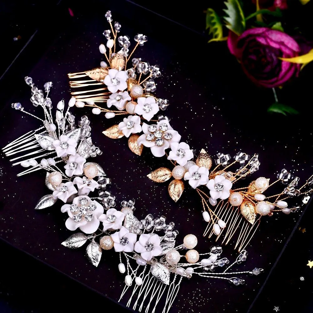 "Loire" - Ceramic Flowers Bridal Headband / Hair Vine - Available in Gold and Silver