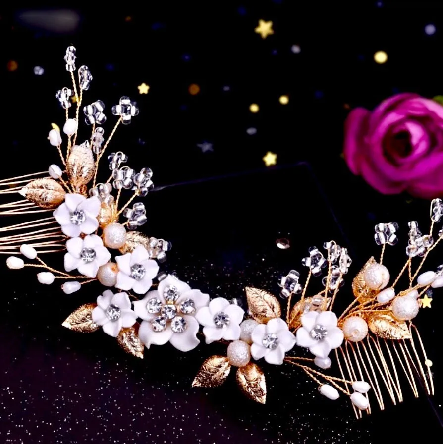 "Loire" - Ceramic Flowers Bridal Headband / Hair Vine - Available in Gold and Silver