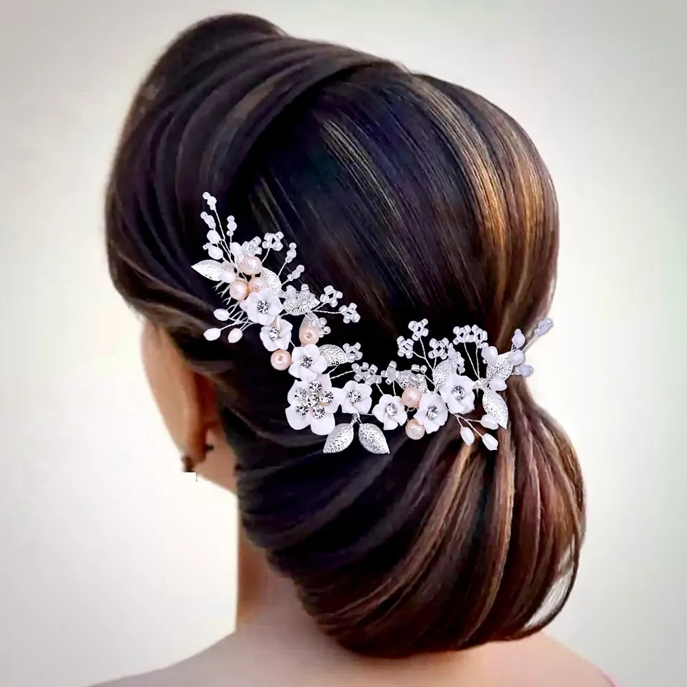 "Loire" - Ceramic Flowers Bridal Headband / Hair Vine - Available in Gold and Silver