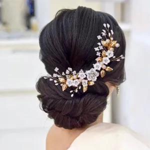 "Loire" - Ceramic Flowers Bridal Headband / Hair Vine - Available in Gold and Silver