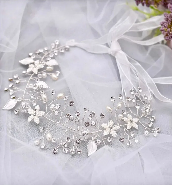 "Lucinda" - Pearl and Crystal Bridal Headband - Available in Silver, Rose Gold and Yellow Gold