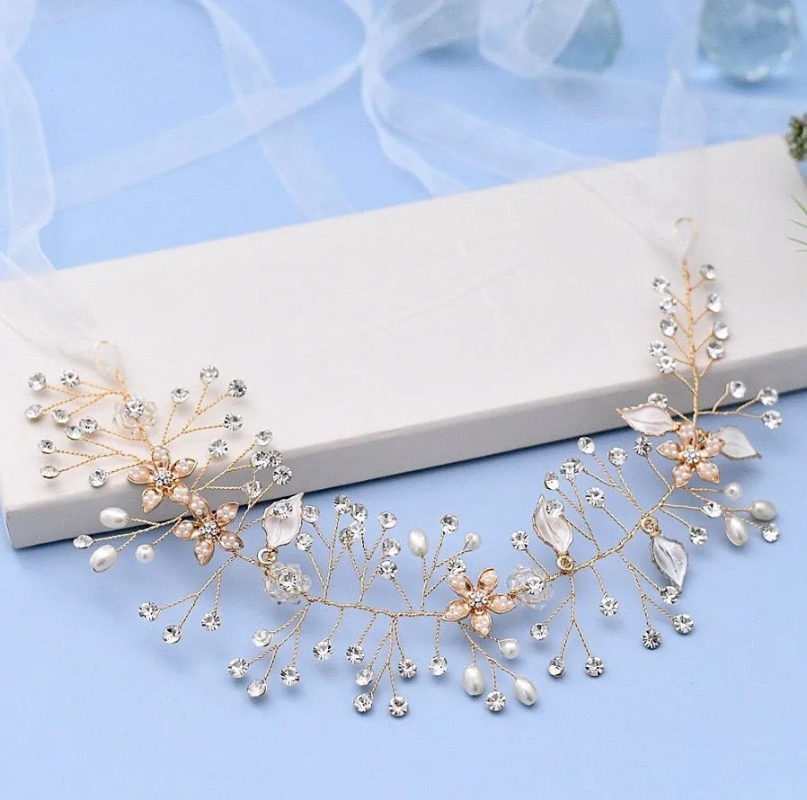 "Lucinda" - Pearl and Crystal Bridal Headband - Available in Silver, Rose Gold and Yellow Gold