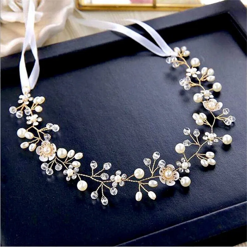 "Noreen" - Gold Pearl and Crystal Bridal Headband