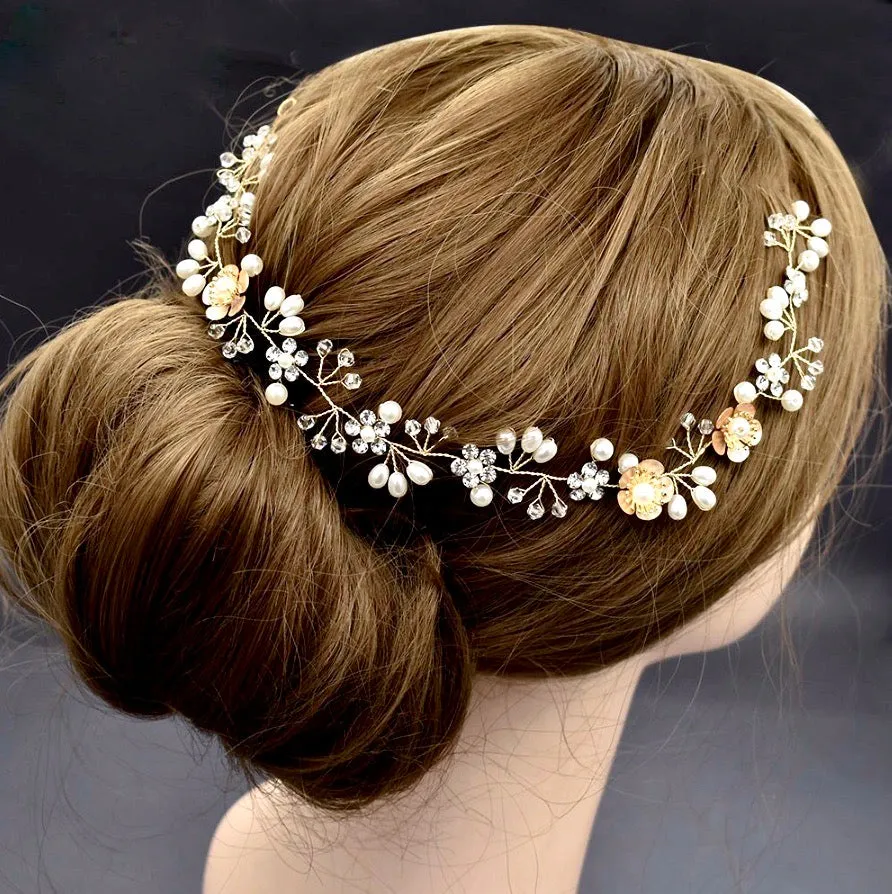 "Noreen" - Gold Pearl and Crystal Bridal Headband