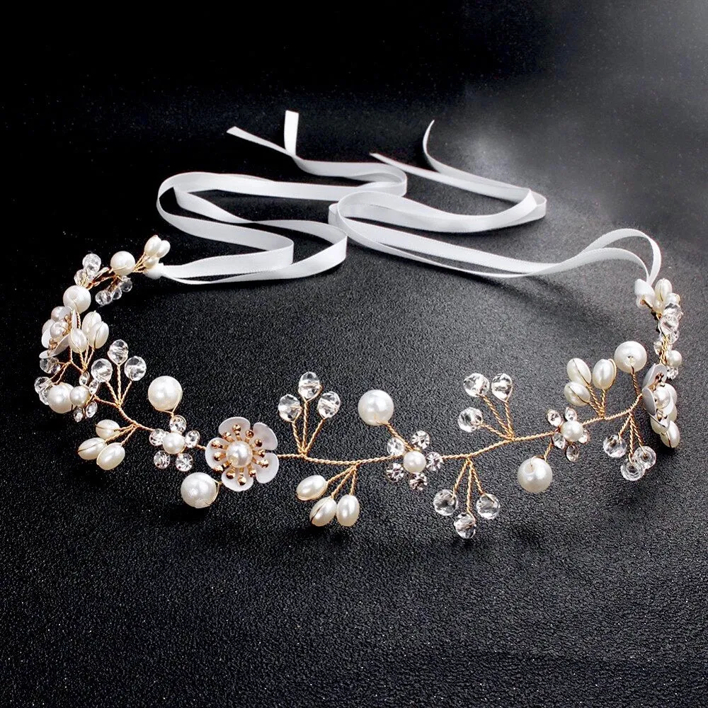 "Noreen" - Gold Pearl and Crystal Bridal Headband
