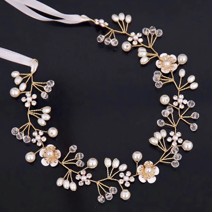 "Noreen" - Gold Pearl and Crystal Bridal Headband