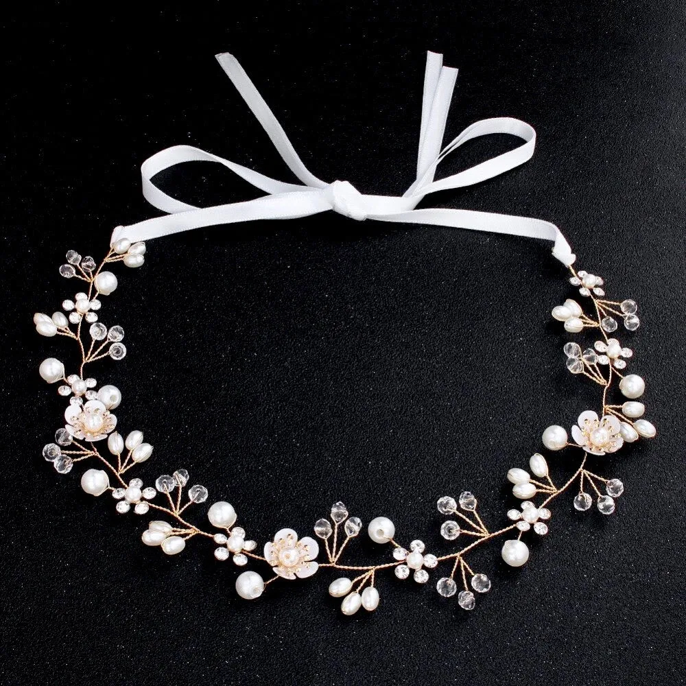 "Noreen" - Gold Pearl and Crystal Bridal Headband