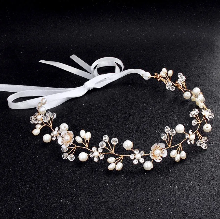 "Noreen" - Gold Pearl and Crystal Bridal Headband