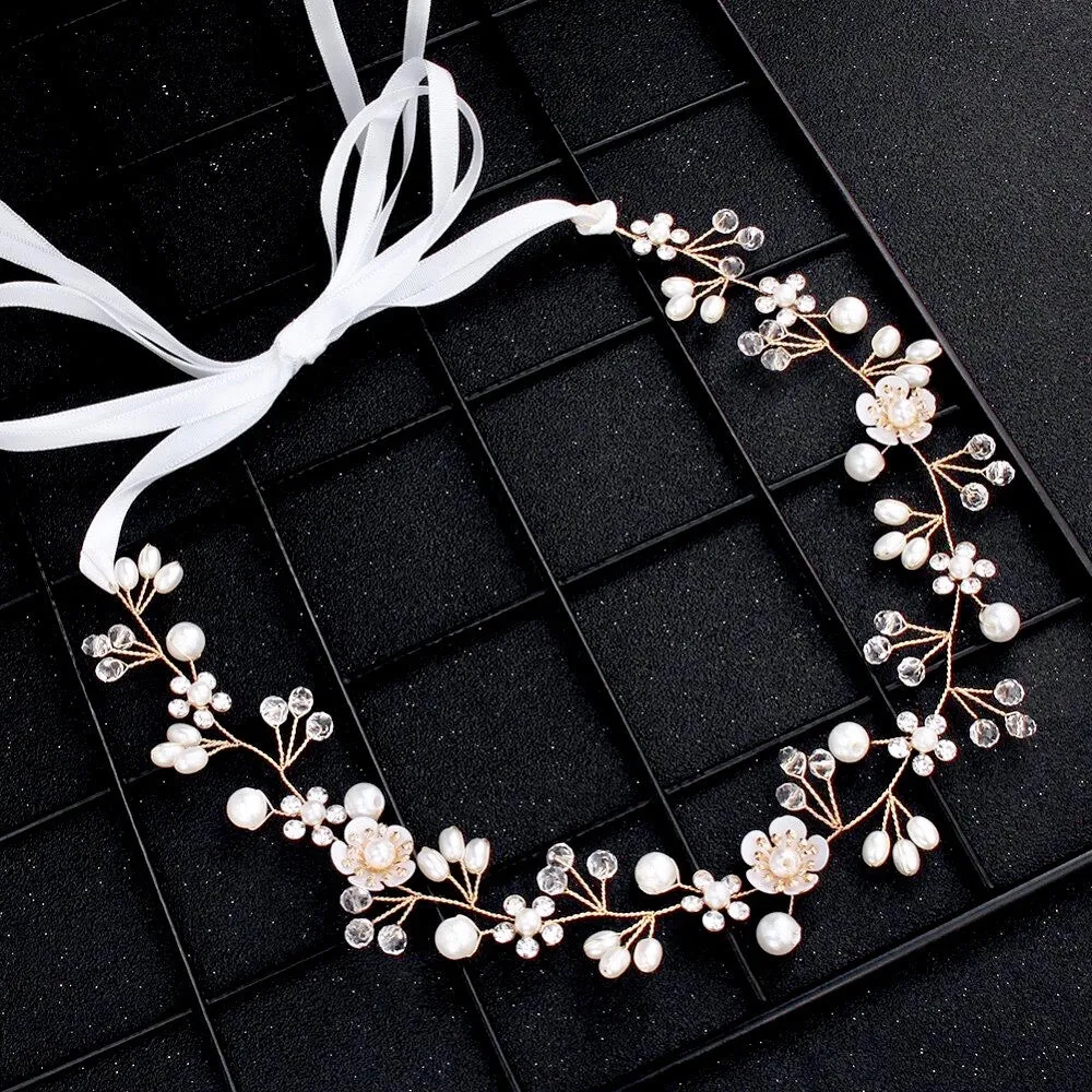 "Noreen" - Gold Pearl and Crystal Bridal Headband