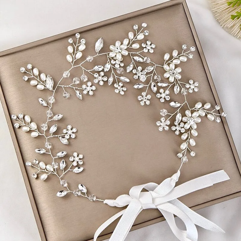 "Tivoli" - Silver Pearl and Crystal Bridal Headband / Hair Vine