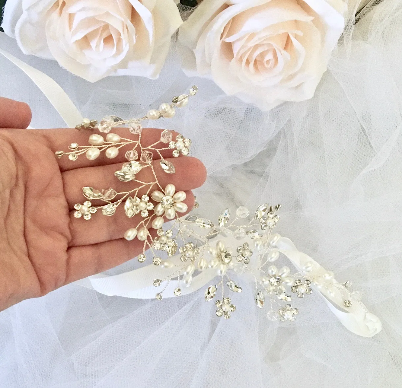 "Tivoli" - Silver Pearl and Crystal Bridal Headband / Hair Vine