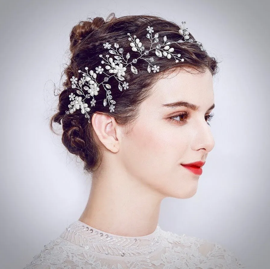 "Tivoli" - Silver Pearl and Crystal Bridal Headband / Hair Vine