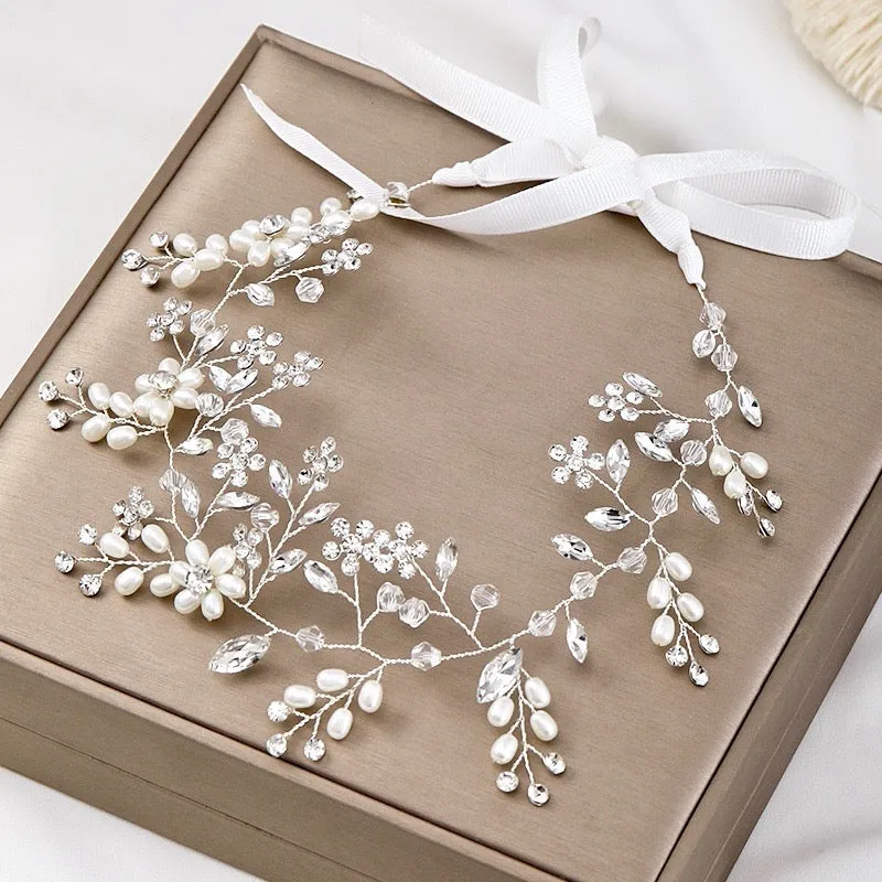 "Tivoli" - Silver Pearl and Crystal Bridal Headband / Hair Vine