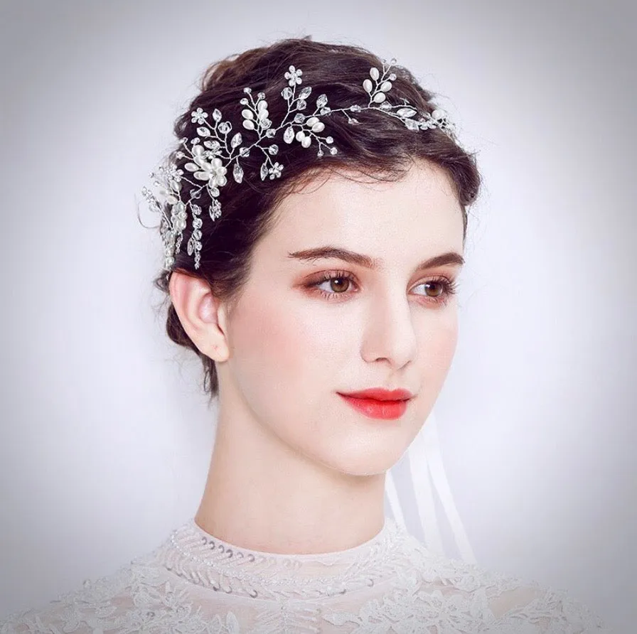 "Tivoli" - Silver Pearl and Crystal Bridal Headband / Hair Vine