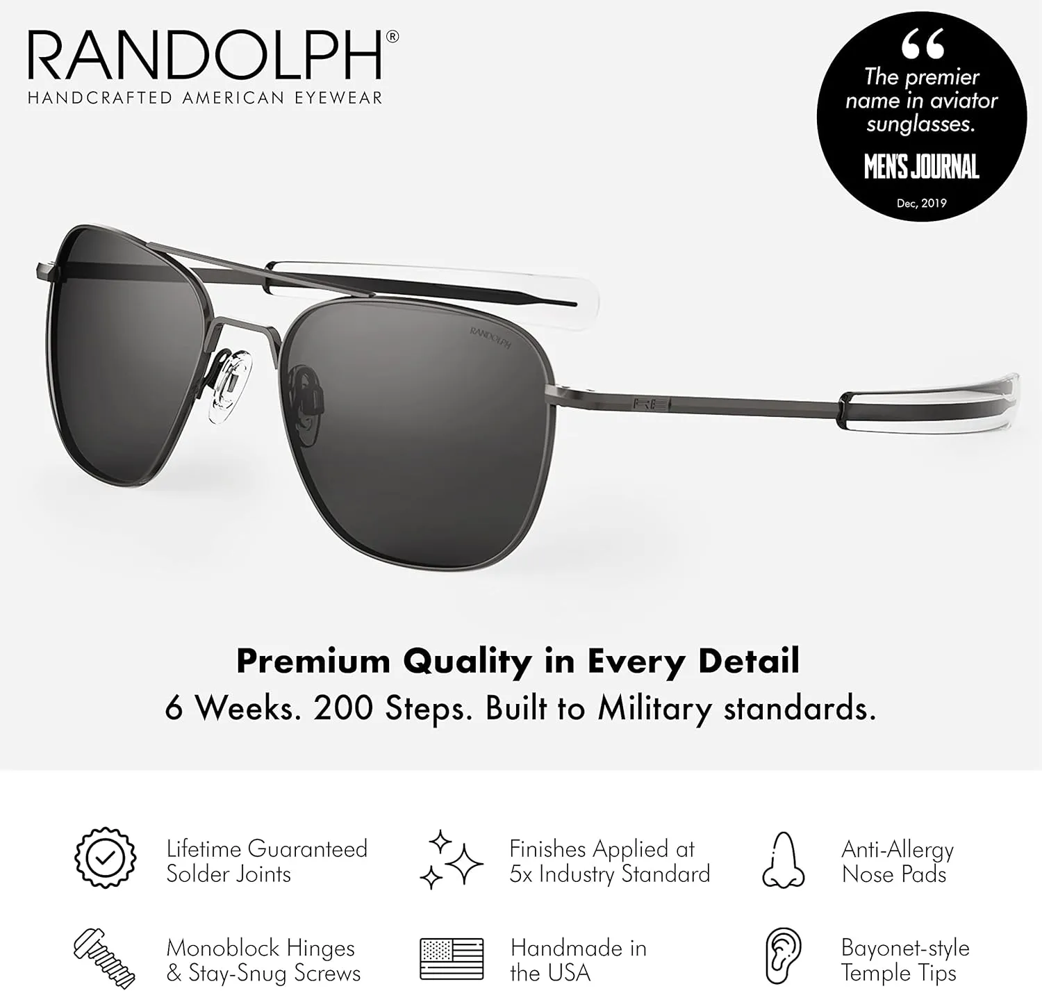 Randolph USA | Gunmetal Classic Aviator Sunglasses for Men or Women 100% UV