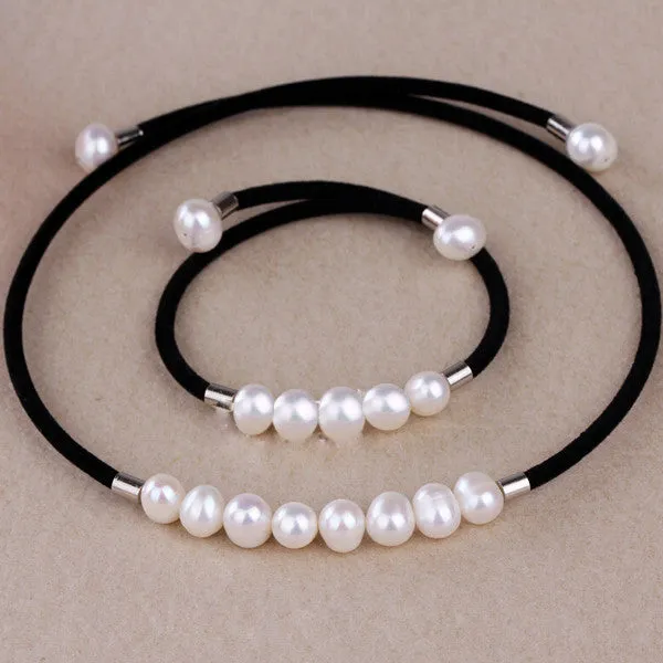Real natural freshwater pearl jewelry sets necklace and bracelet for women charm black velvet Torques accessaries