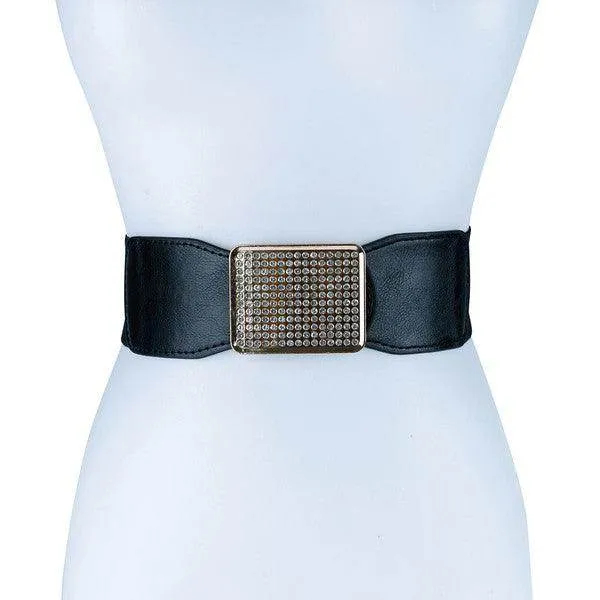 Rectangle Rhinestoned Smocked Leather Belt