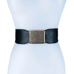 Rectangle Rhinestoned Smocked Leather Belt