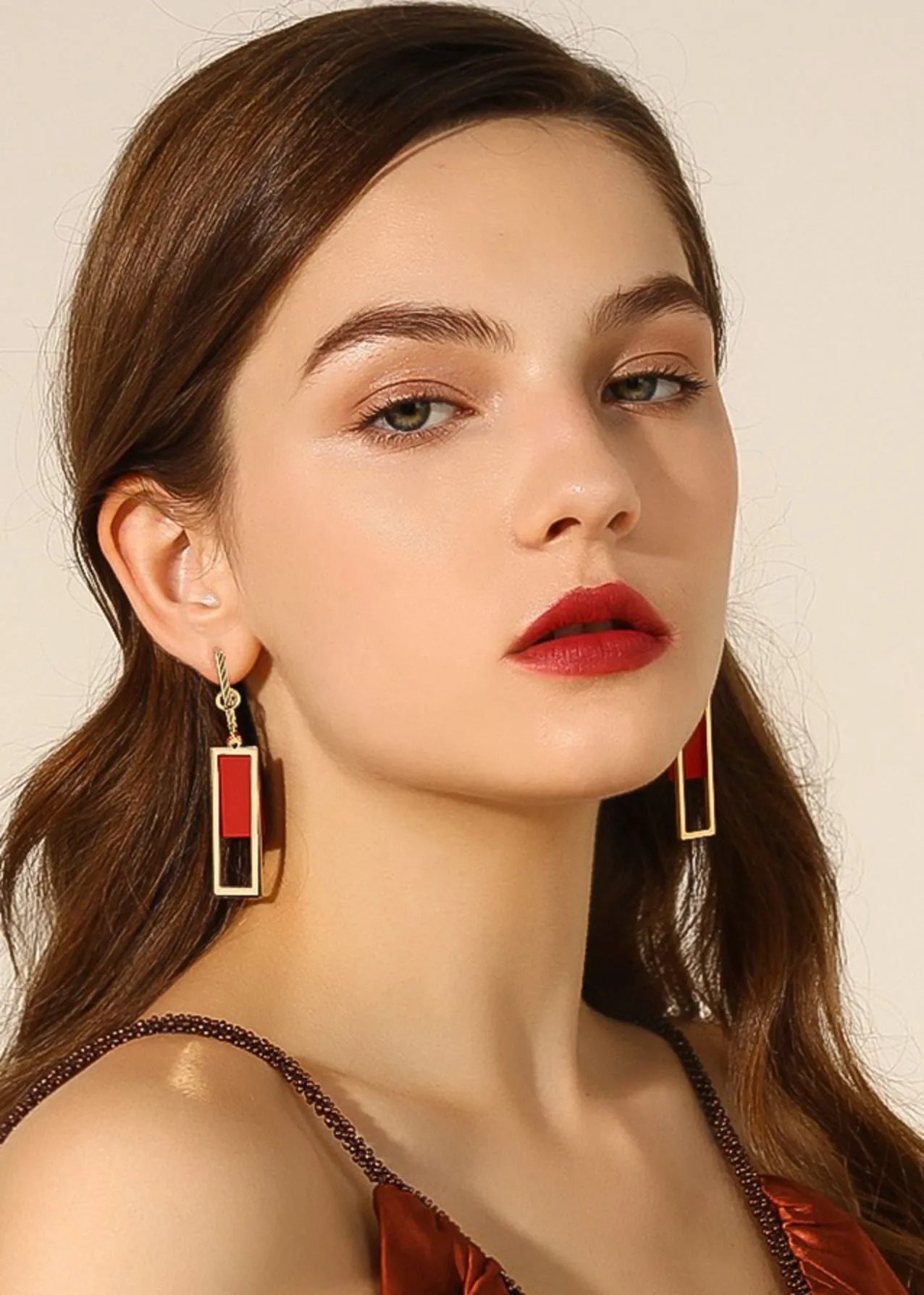 Red Alloy Geometric Rectangle Drop Earrings