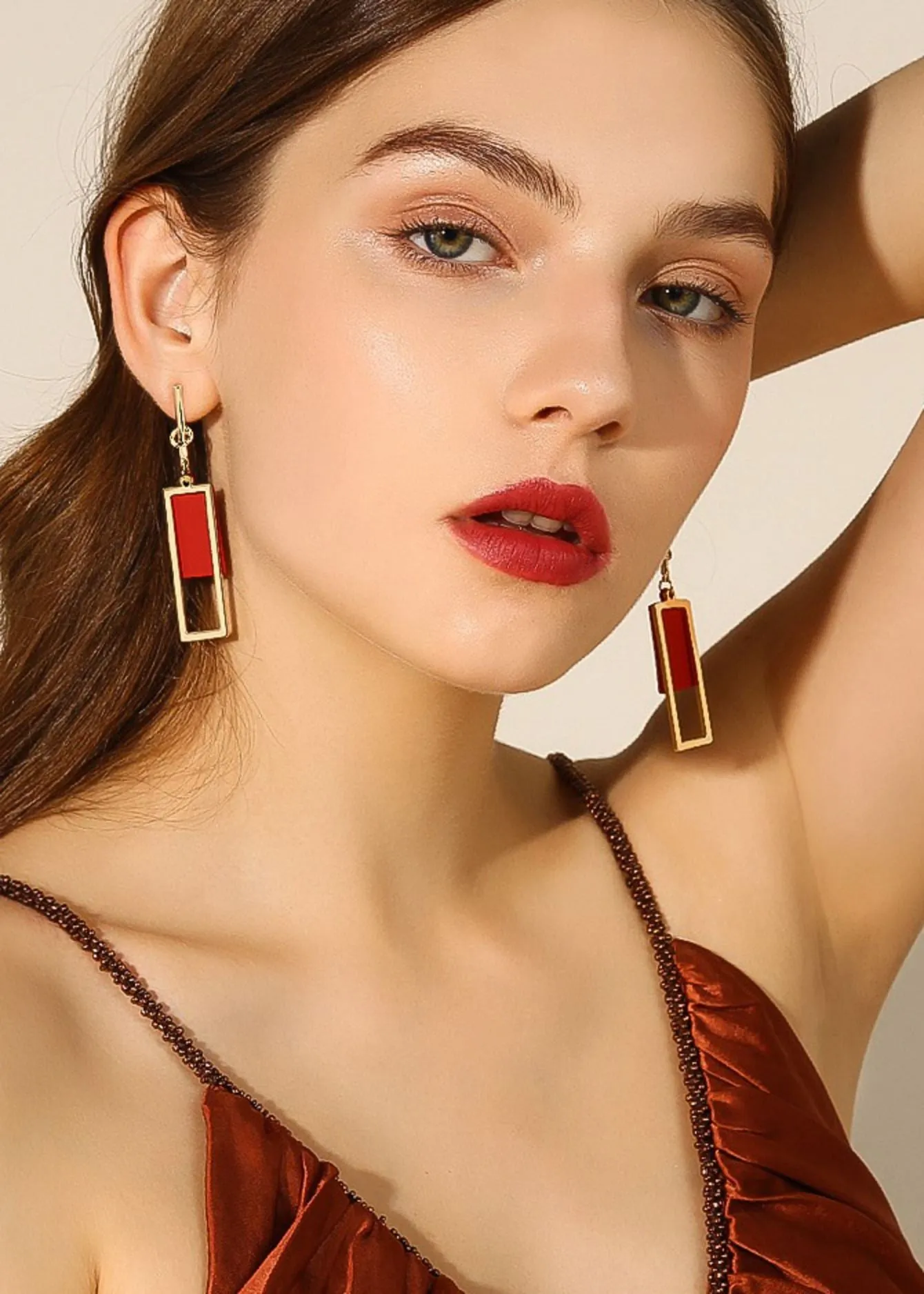 Red Alloy Geometric Rectangle Drop Earrings