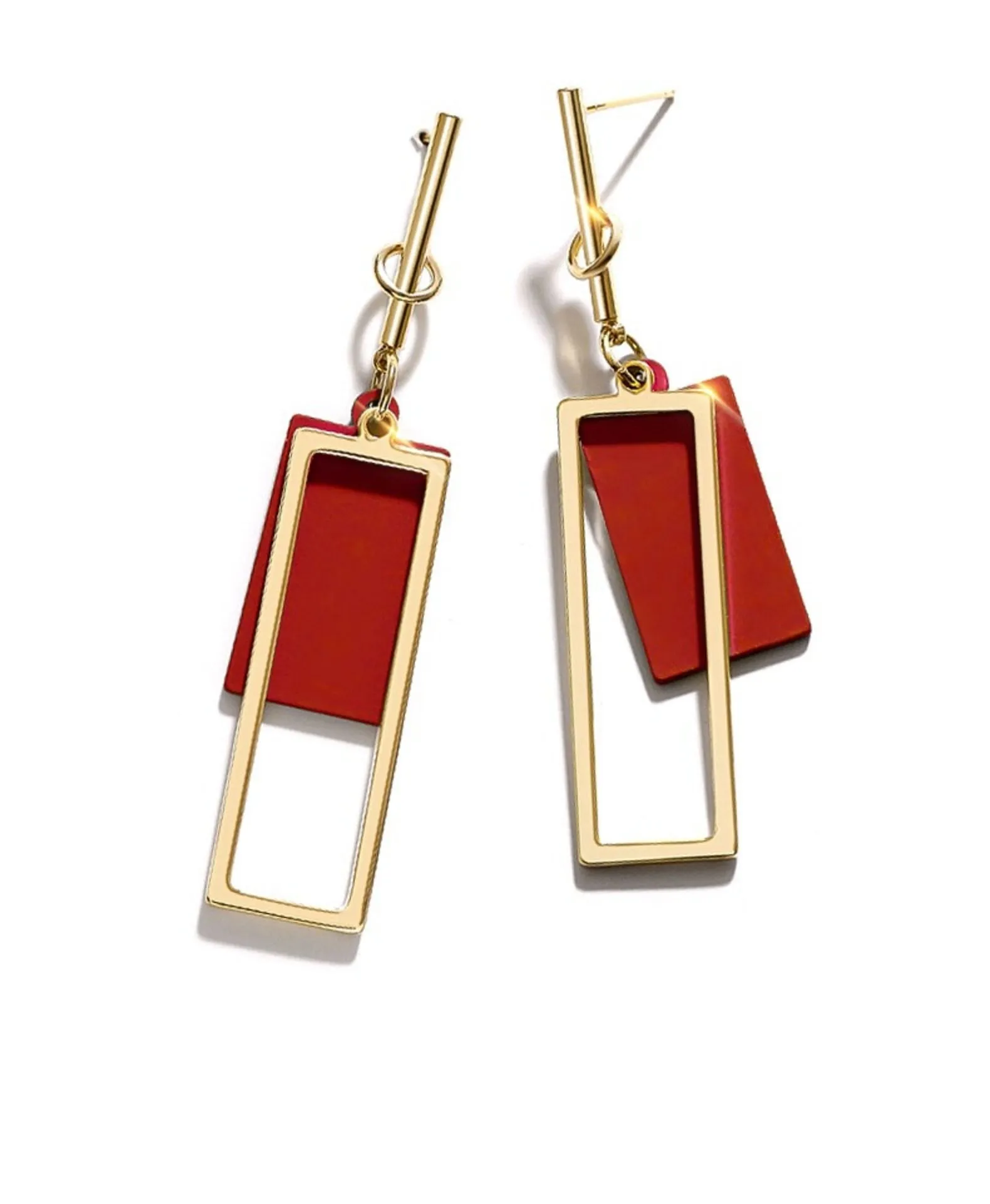 Red Alloy Geometric Rectangle Drop Earrings