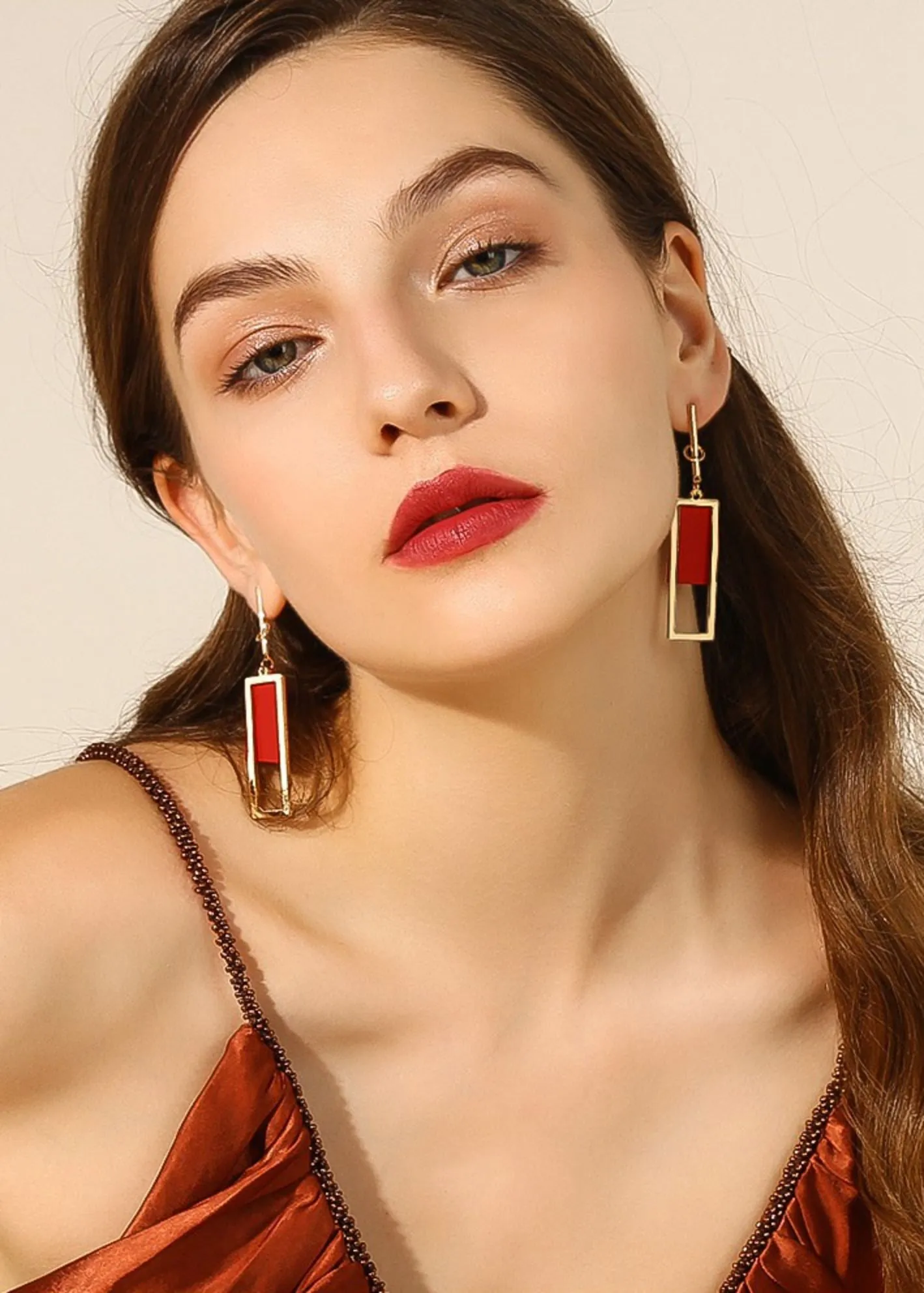 Red Alloy Geometric Rectangle Drop Earrings