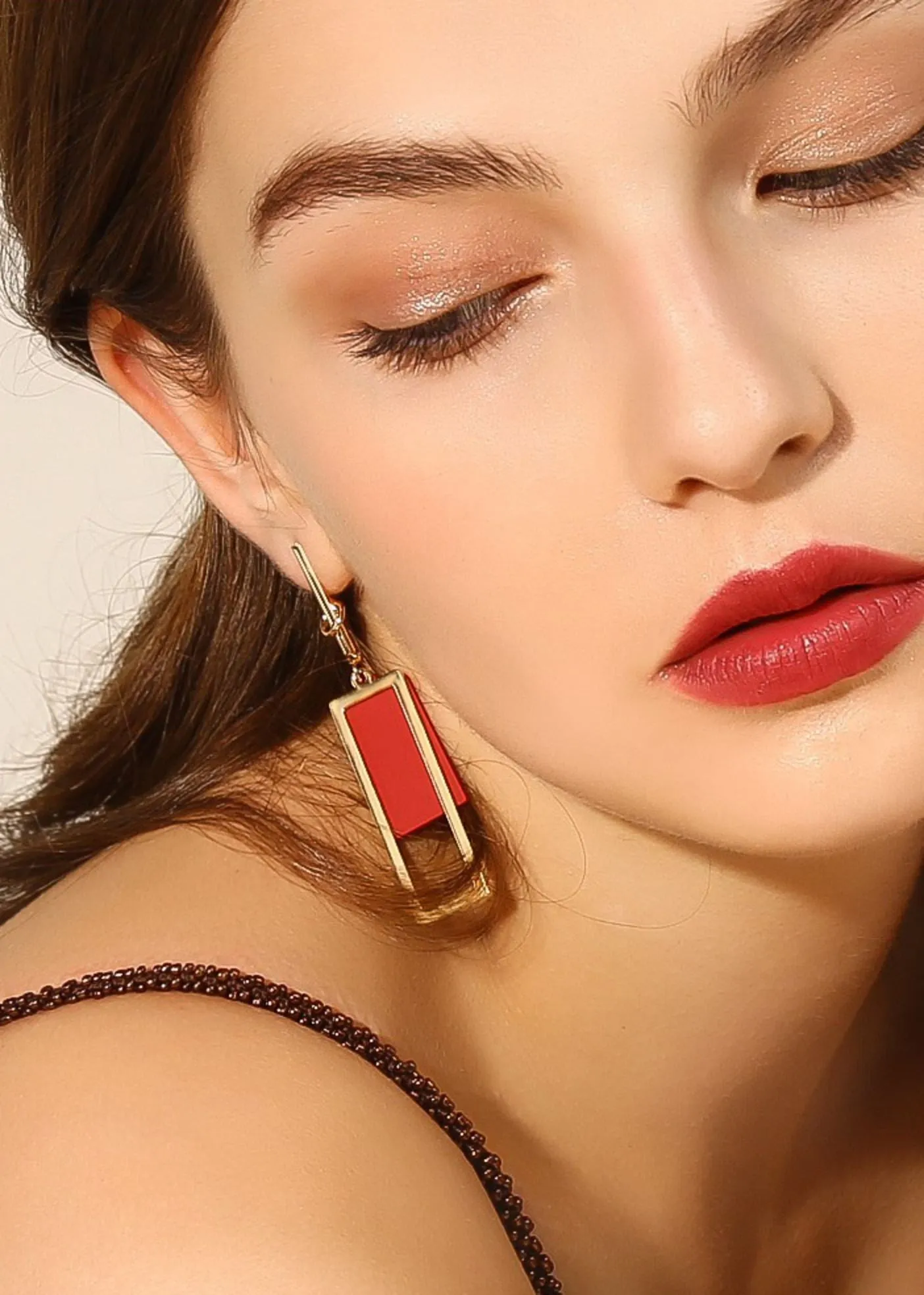 Red Alloy Geometric Rectangle Drop Earrings