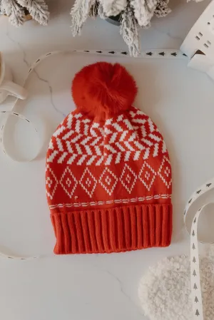 Red Aztec Print Pom Beanie