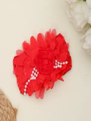 Red Big Ruffle Flower Infant Hairband with String of Pearls