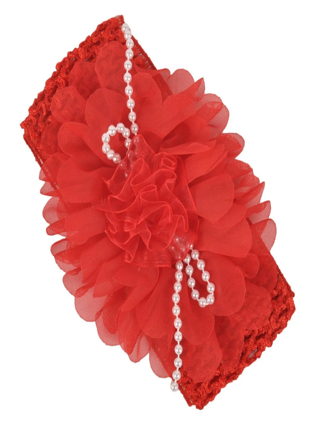 Red Big Ruffle Flower Infant Hairband with String of Pearls