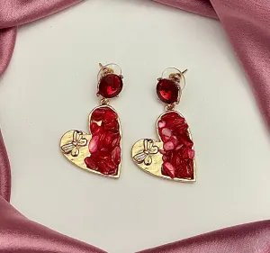 Red Uncut Stone Heart Shape Korean Earrings