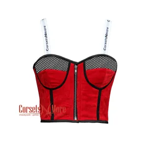 Red Velvet With Sheer Design Crop Corset Overbust Bustier Top