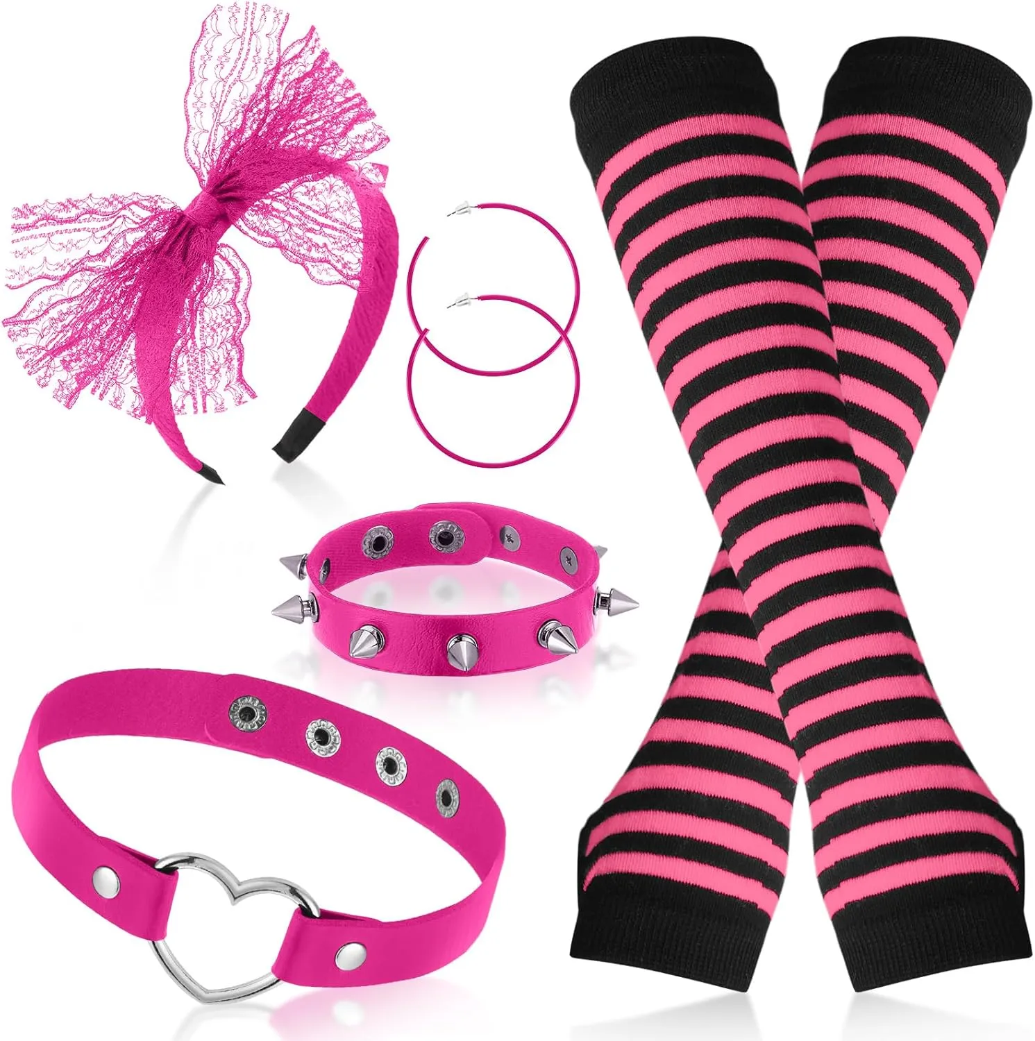 Remuuly Punk 80s Goth Costume Accessories Gothic Warmer Gloves Heart Choker Bracelet Lace Headband Hoop Earrings for Women