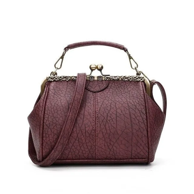 Retro Classic Solid Color Handbag – Kiss-Lock Top Handle & Crossbody Shoulder Bag for Women