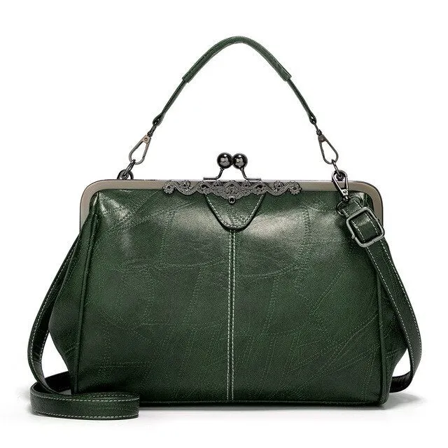 Retro Classic Solid Color Handbag – Kiss-Lock Top Handle & Crossbody Shoulder Bag for Women