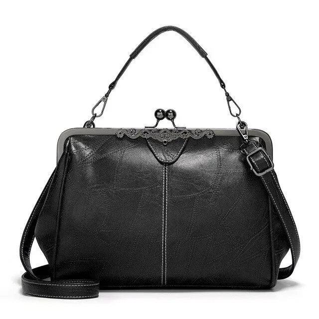 Retro Classic Solid Color Handbag – Kiss-Lock Top Handle & Crossbody Shoulder Bag for Women